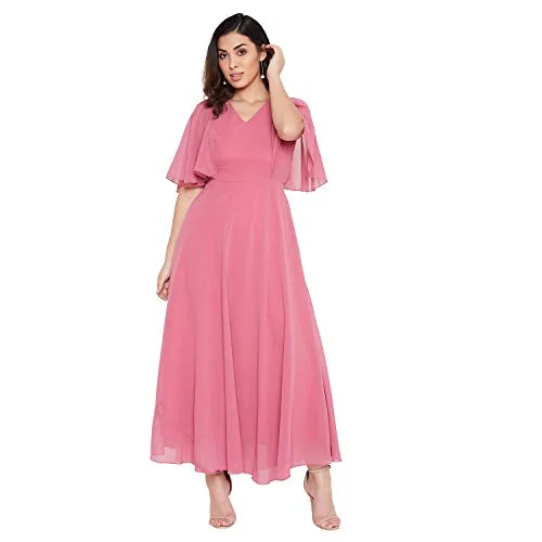 Hello Design Women Pink Solid Frill Maxi Dress Comfortable Cotton Maxi Dress