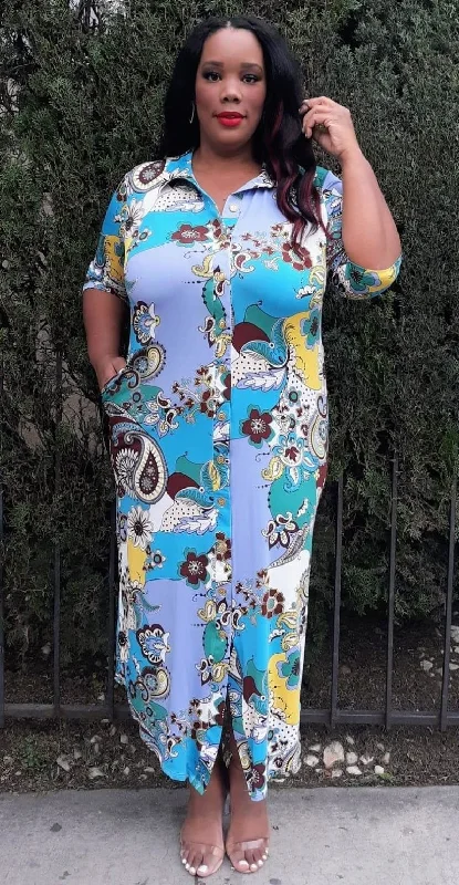Hi Curvy  Plus Size Women Paisley Print Button Down Midi Dresses Elegant Lace Trim Midi Dress