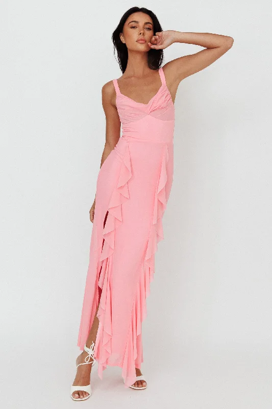 Hollianna Ruffle Trim Split Maxi Dress Blush Elegant Maxi Dress with Lace