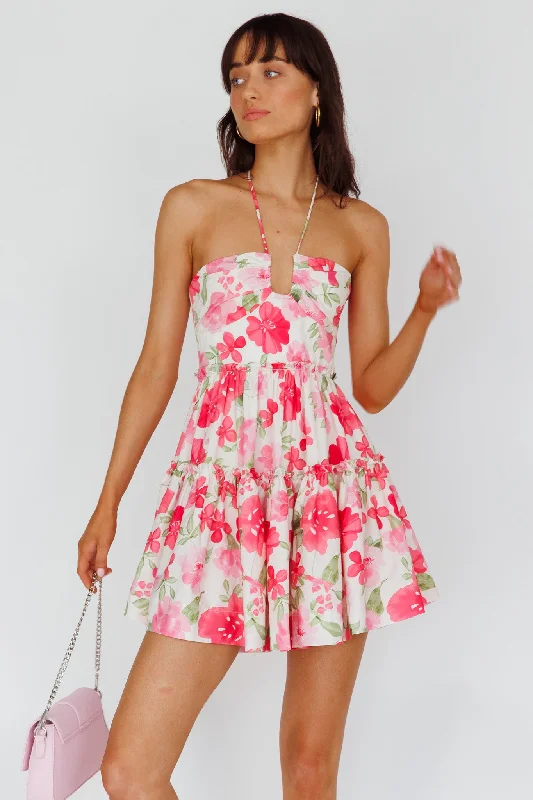 Horizons Frill Trim Mini Dress Floral Pink Cozy Satin Mini Dress