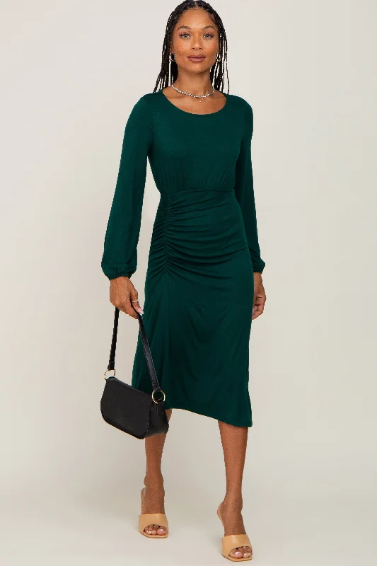 Hunter Green Long Sleeve Ruched Midi Dress Classic Black Midi Dress