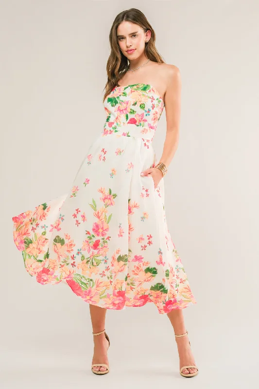 COME WHEN I CALL WOVEN MIDI DRESS Elegant Floral Skirt Midi Dress