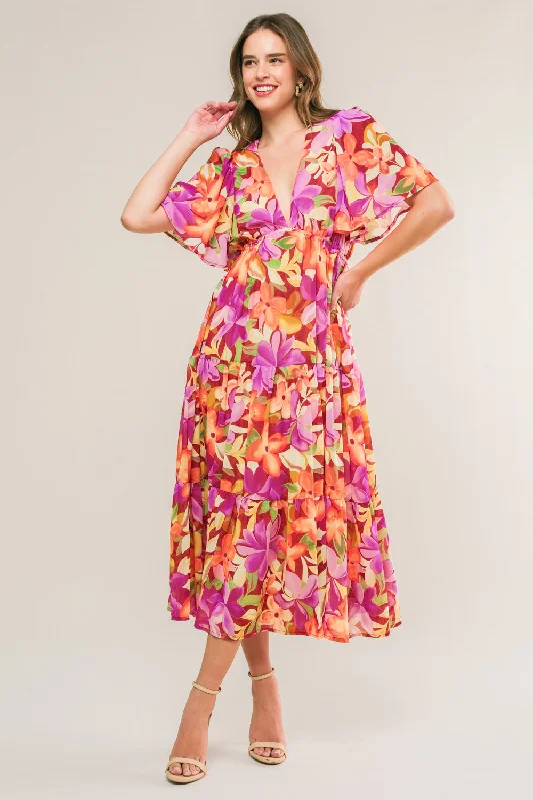 START LOOKING WOVEN MIDI DRESS Stylish Long Sleeve Floral Midi Dress