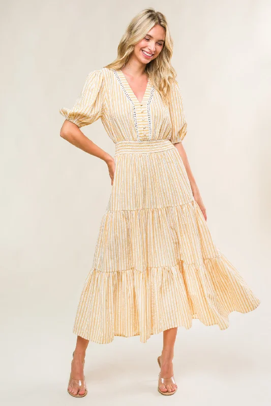 WITH THE GIRLS WOVEN MIDI DRESS Elegant V-Neck Midi Dress
