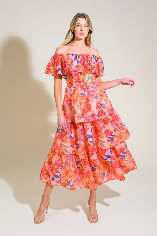 STROLL THE AVENUES WOVEN MIDI DRESS Elegant Floral Midi Dress