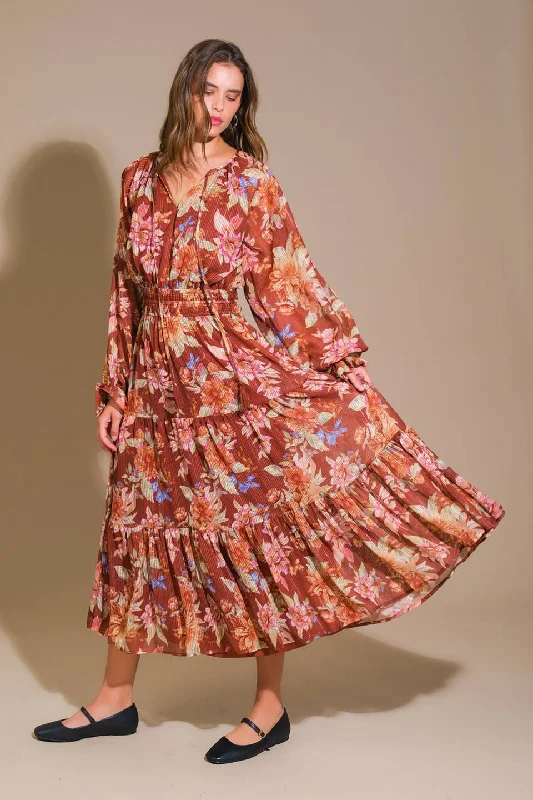 FOREST PARK WOVEN MIDI DRESS Fashionable High-Neck Midi Dress