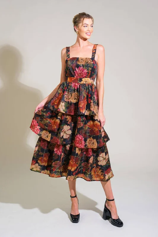 REGAL RHAPSODY WOVEN MIDI DRESS Trendy Tiered Hem Midi Dress