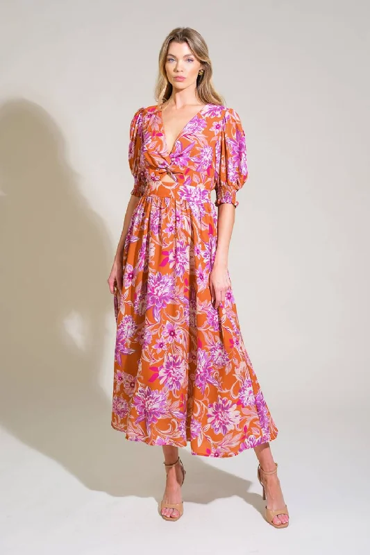 MEADOW SERENADE WOVEN MIDI DRESS Elegant Lace Trim Midi Dress