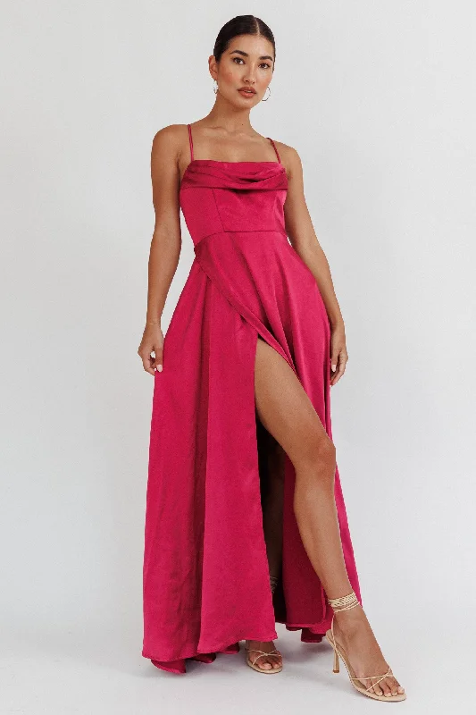 Inner Light Gathered Bust Split Maxi Dress Wine Stylish Maxi Dress with Frills