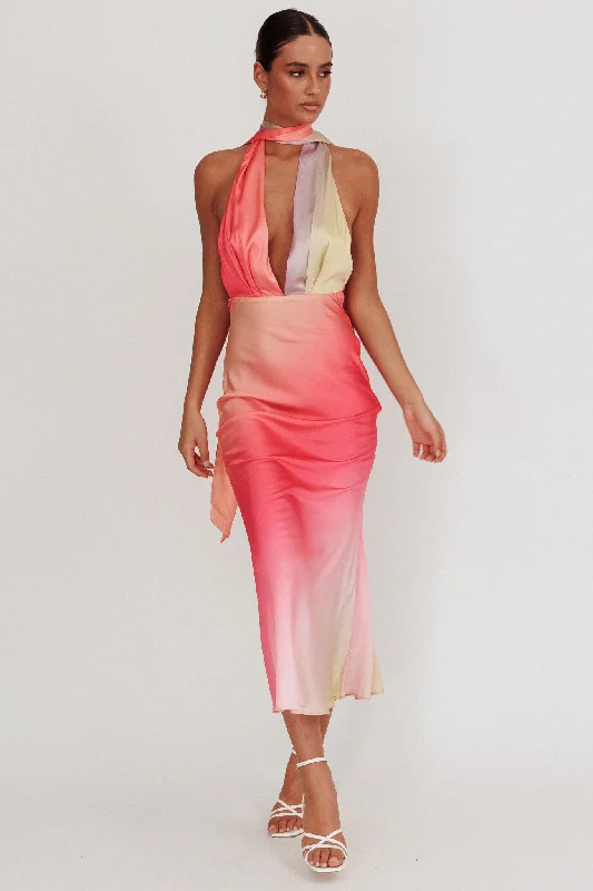 Italia Azure Halterneck Maxi Dress Tangerine Comfortable Maxi Dress with Belt