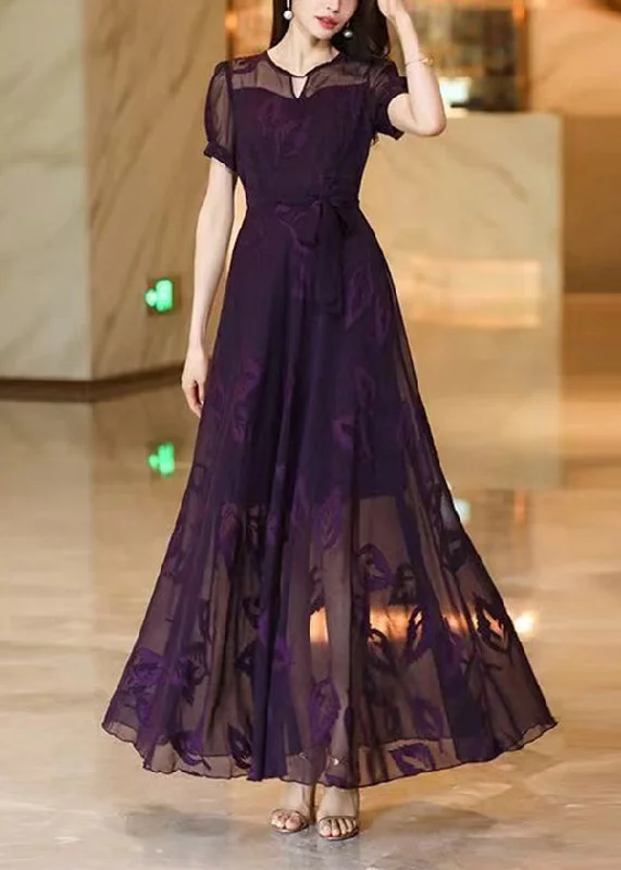 Italian Purple Embroidered Lace Up Chiffon Maxi Dress Summer XX073 Comfortable Bohemian Maxi Dress