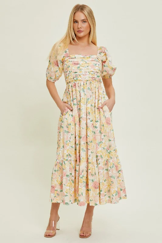 Ivory Floral Pleated Puff Sleeve Midi Dress Trendy Tiered Hem Midi Dress