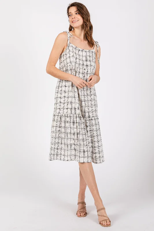 Ivory Plaid Shoulder Tie Midi Dress Elegant Pleated Sleeve Midi Dress