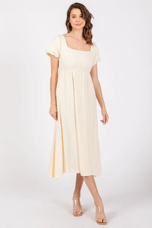 Ivory Puff Sleeve Linen Midi Dress Comfortable Casual Midi Dress