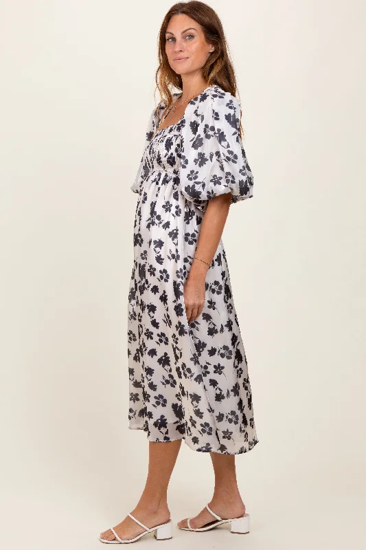 Ivory Satin Floral Smocked Midi Dress Fashionable High-Low Midi Dress