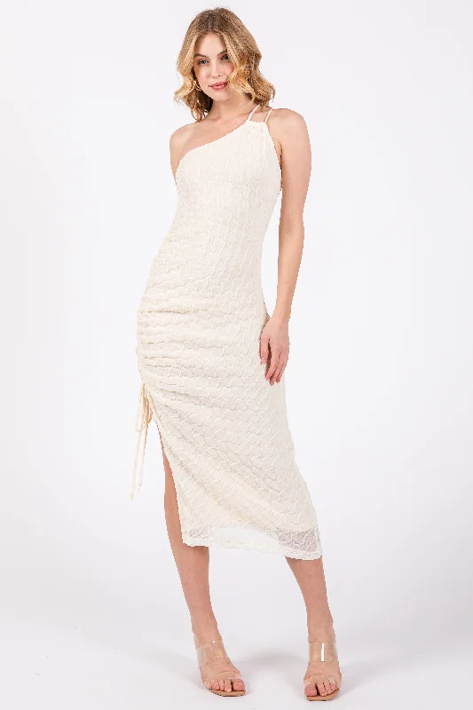 Ivory Textured One Shoulder Midi Dress Stylish Silk Midi Dress