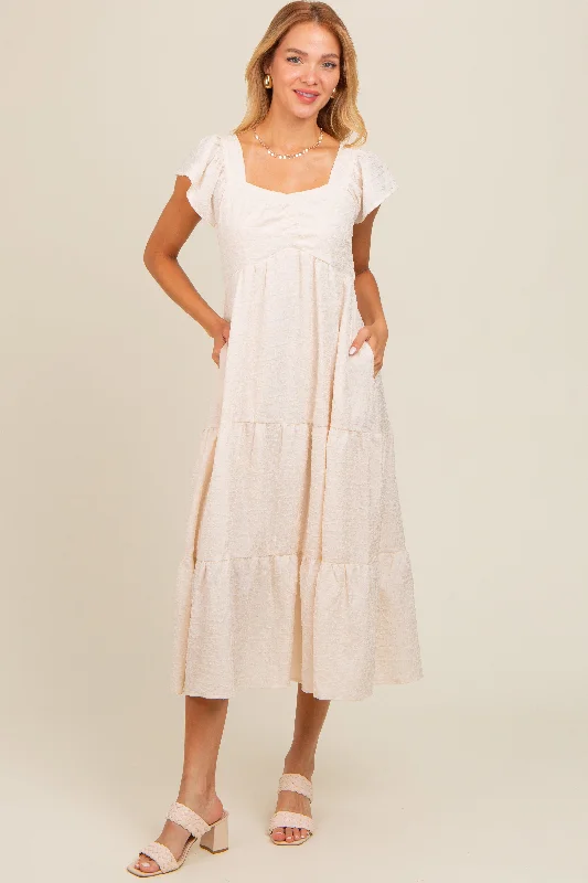 Ivory Textured Sweetheart Neck Short Puff Sleeve Tiered Midi Dress Comfortable Lace-Up Midi Dress