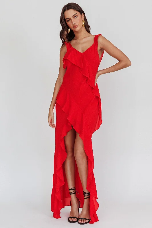 Johannson Ruffle Trim Maxi Dress Red Fashionable Halter Neck Maxi Dress