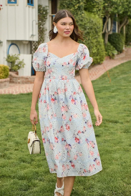 Josie Eyelet Floral Alessi Puff Sleeve Midi Dress Trendy Floral Wrap Midi Dress