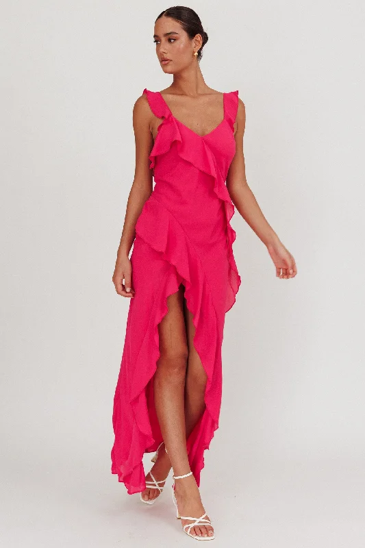Joyride Ruffle Maxi Dress Magenta Fashionable Button-Down Maxi Dress