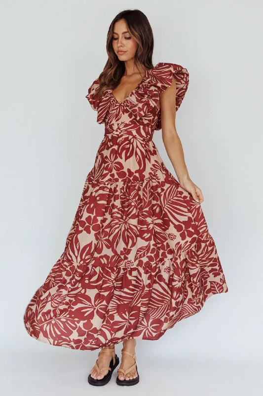 Kahlo Puffed Ruffle Neckline Maxi Dress Print Flame Trendy V-Neck Maxi Dress
