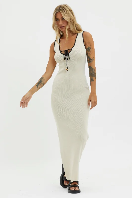 Karyssa Tied Bust Knit Maxi Dress Sand Stylish Off-Shoulder Maxi Dress