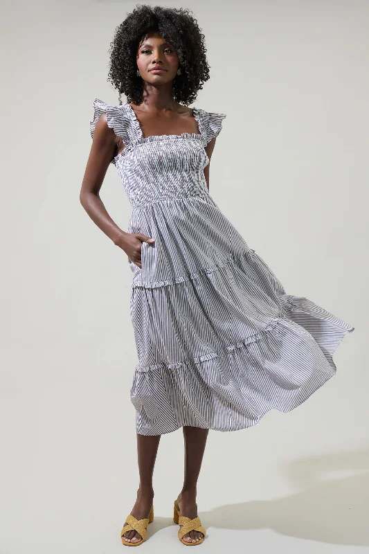 Katie Striped Smocked Bodice Midi Dress Fashionable Off-Shoulder Dress Midi