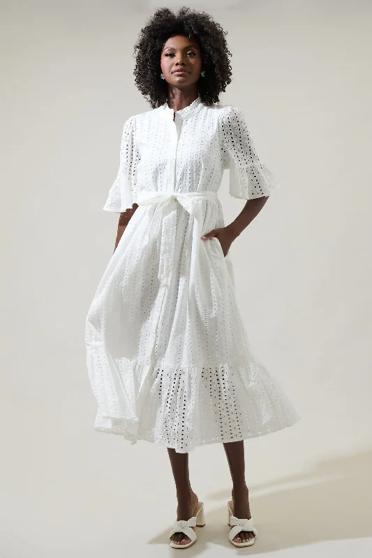 Kaylie Eyelet Pem Button Down Midi Dress Fashionable Casual Midi Dress