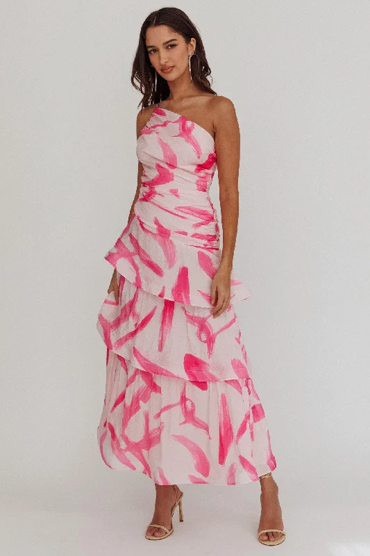 Kenny One Shoulder Tiered Maxi Dress Print Pink Comfortable Bohemian Maxi Dress