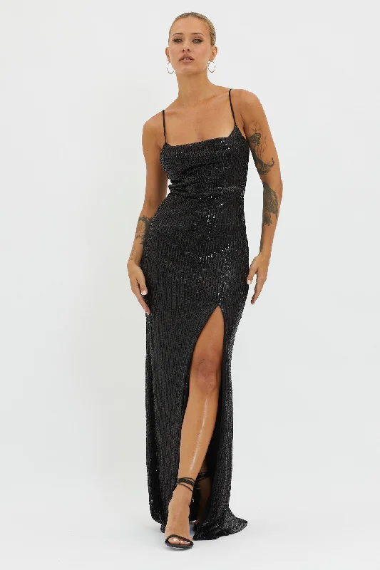 Kerene Spit Sequin Maxi Dress Black Trendy Short Sleeve Maxi Dress
