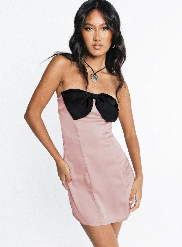 Kesy Bow Tie Mini Dress Pink / Black Cozy Ruched Mini Dress