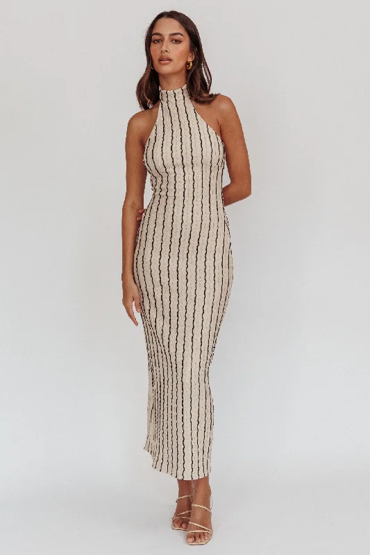 Kimchi Mockneck Halter Maxi Dress Beige Fashionable Printed Maxi Dress