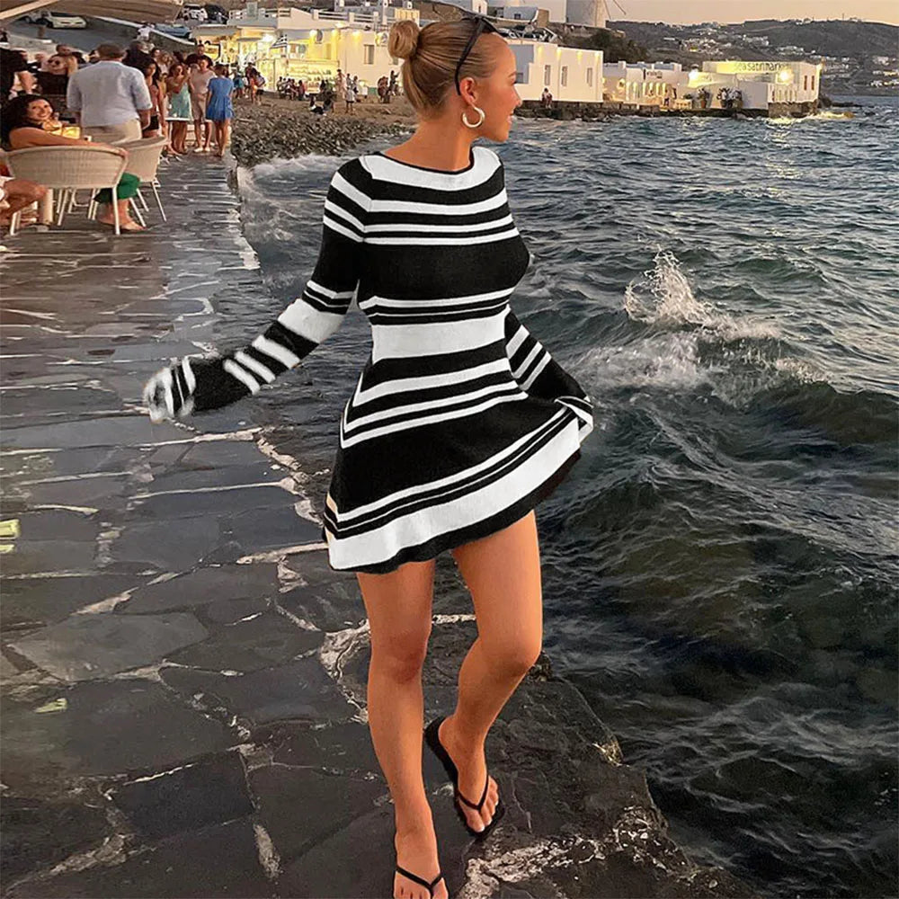 Knitted Backless Sexy Autumn Slim Color Block Holiday Lace Up Mini Dress Fashionable A-Line Mini Dress
