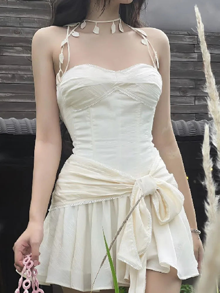 Korean Sling Lotus Leaf Backless Slim Street Sleeveless Mini Dress Stylish Short-Sleeve Mini Dress