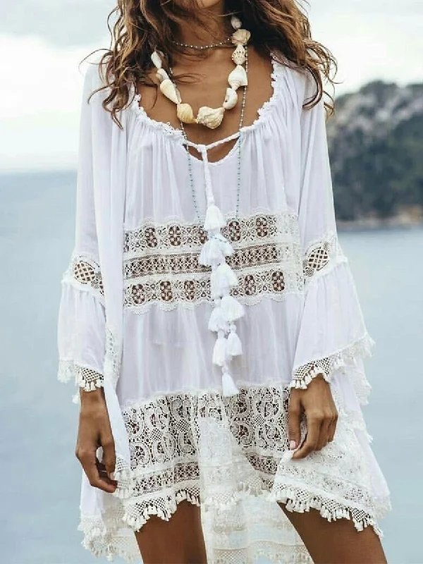 Lace Tassel Long Sleeve Boho Mini Dresses Trendy Tulle Mini Dress