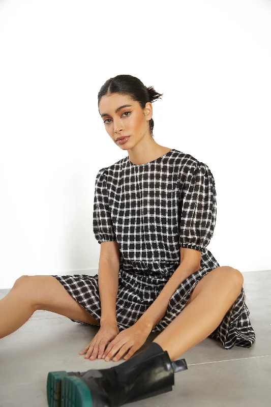Glamorous Black Organza Check Shift Mini Dress Fashionable Lace Mini Dress