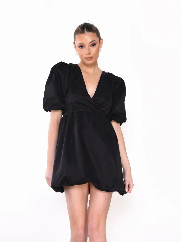 Glamorous Black Plunge Puffball Mini Dress Trendy Tulle Mini Dress