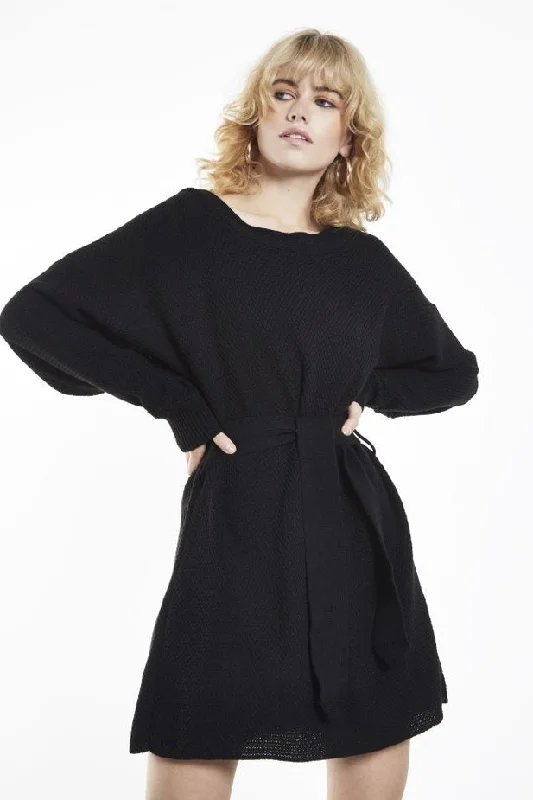 Glamorous Black Knitted Mini Dress with Tie Belt Elegant Mini Dress with Ruffles