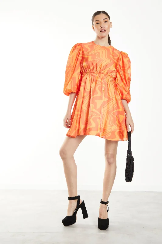Glamorous Orange Marble Volume Puff Sleeve Mini Dress Stylish Floral Print Mini Dress