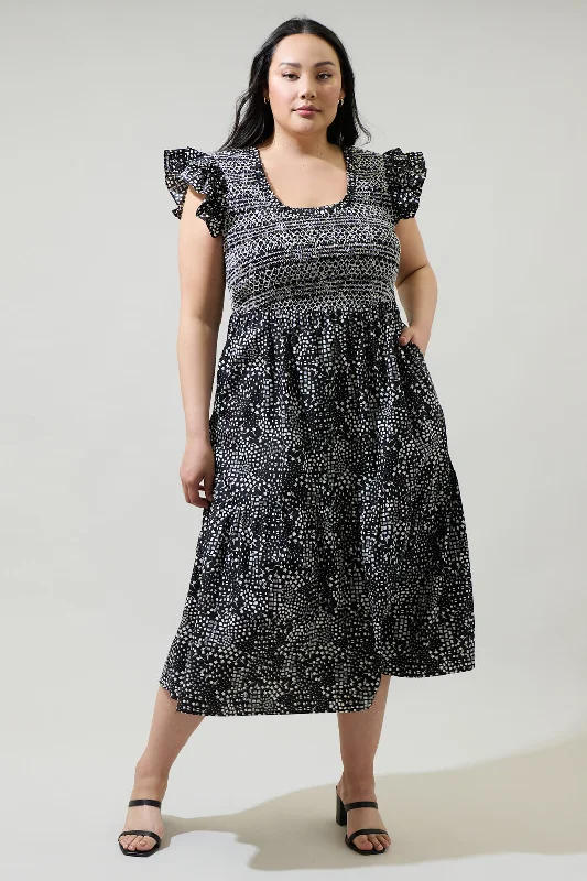 Larsa Onyx Geometric Wendy Smocked Midi Dress Curve Fashionable Chiffon Midi Dress