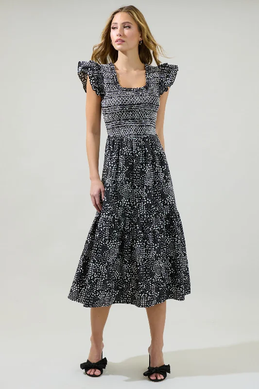 Larsa Onyx Geometric Wendy Smocked Midi Dress Stylish High-Waisted Midi Dress