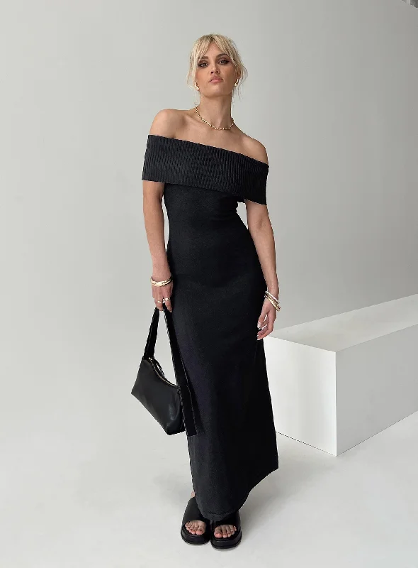 Lassey Off The Shoulder Knit Maxi Dress Black Trendy Floral Print Maxi Dress