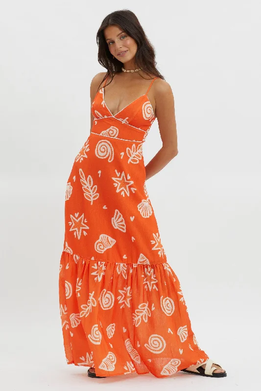 Later Days Cami Strap Maxi Dress Print Red Fashionable Open-Back Maxi Dress