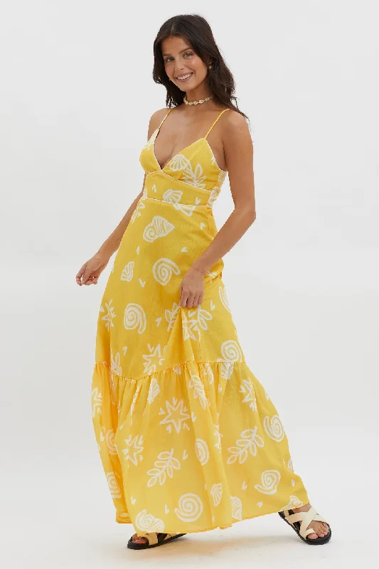 Later Days Cami Strap Maxi Dress Print Yellow Comfortable Ruffle Hem Maxi Dress