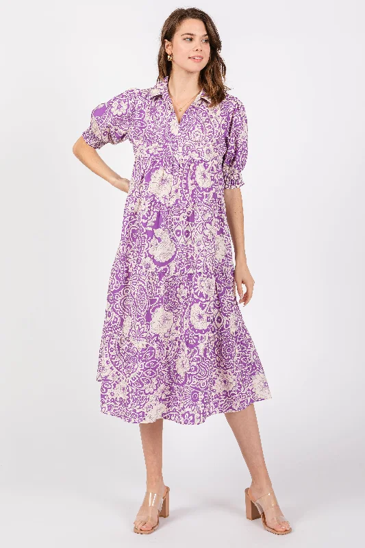 Lavender Floral Collared Tiered Midi Dress Trendy Fit-and-Flare Midi Dress