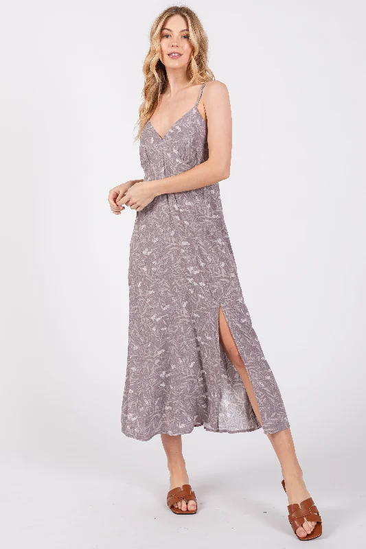 Lavender Floral V-Neck Side Slit aMidi Dress Trendy Smocked Detail Midi Dress