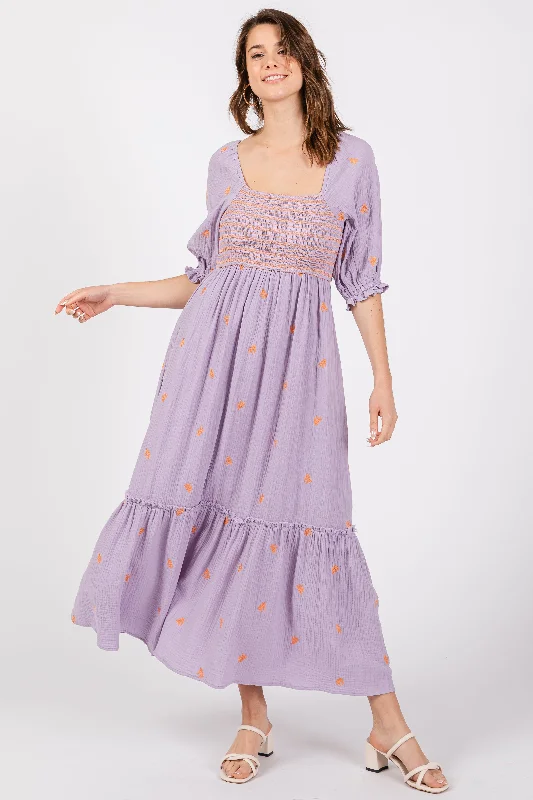 Lavender Gauze Smocked Embroidered Square Neck Midi Dress Trendy Smocked Waist Midi Dress