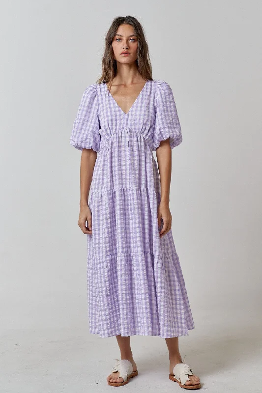 Lavender Gingham Puff Sleeve Tiered Midi Dress Stylish Color Block Midi Dress