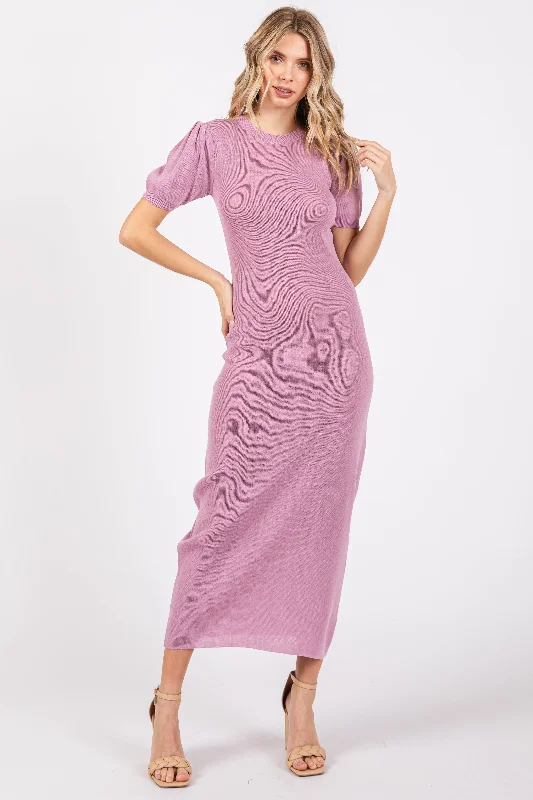 Lavender Puff Sleeve Knit Midi Dress Comfortable Ribbed Midi Dress