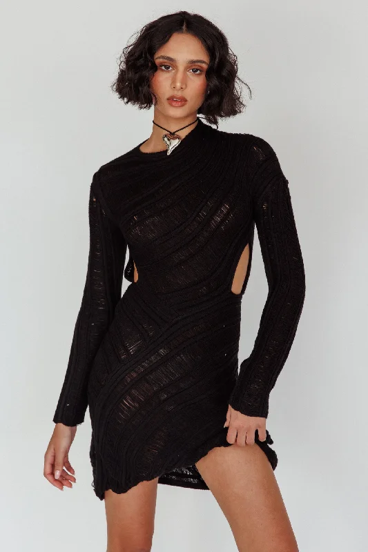 Leyanne Crochet Long Sleeve Cut-Out Mini Dress Black Fashionable Pleated Mini Dress